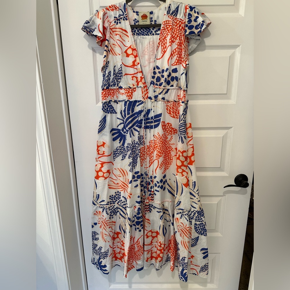 FARM Rio Blue and Orange Flutter Sleeve Sundress